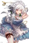  1girl absurdres apron blue_dress bow braid chain cowboy_shot dress ekisutora frilled_dress frills hair_bow highres holding holding_knife izayoi_sakuya knife knife_sheath maid_apron maid_headdress one-hour_drawing_challenge pocket_watch red_eyes sheath solo touhou twin_braids watch white_hair 