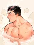  1boy bara black_hair blush facial_hair fiery_horns forked_eyebrows goatee highres horns large_pectorals looking_at_viewer male_focus muscular muscular_male nipples pectorals satou_shouhei scar scar_on_face scar_on_nose short_hair solo steam tokyo_afterschool_summoners undercut yoritomo_(housamo) 
