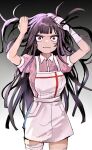  1girl apron arms_up bandaged_hand bandaged_leg bandages black_eyes black_hair blue_skirt breasts collared_shirt danganronpa_(series) danganronpa_2:_goodbye_despair gradient_background grey_background hands_in_own_hair highres hwang_(h751073) large_breasts long_hair messy_hair messy_hiar miniskirt pink_shirt puffy_short_sleeves puffy_sleeves purple_hair shirt short_sleeves skirt solo teeth tsumiki_mikan two-tone_shirt white_apron white_shirt 