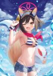  1girl absurdres animal_ears ball beachball black_hair blue_archive blue_shorts blush breasts cowboy_shot day denim denim_shorts fox_ears fox_tail groin hair_between_eyes halo highres holding holding_ball holding_beachball izuna_(blue_archive) izuna_(swimsuit)_(blue_archive) matcha_(user_yyss8744) navel ocean official_alternate_costume one_eye_closed open_mouth outdoors pink_halo red_scarf scarf short_hair shorts small_breasts solo tail water yellow_eyes 