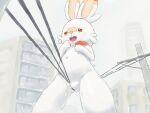  3_fingers anthro apluss bodily_fluids buckteeth chubby_female city dynamax female fingers fur generation_8_pokemon happy hi_res masturbation navel nintendo open_mouth orange_eyes pokemon pokemon_(species) scorbunny shaking solo tears teeth trembling vaginal vaginal_masturbation white_body white_fur wire 