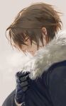  1boy black_gloves black_jacket blue_eyes breath brown_hair earrings final_fantasy final_fantasy_viii fur-trimmed_jacket fur_trim gloves grey_background hand_on_own_chest jacket jewelry long_sleeves male_focus nini_tw99 sad serious short_hair simple_background solo squall_leonhart stud_earrings 