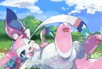  2017 ambiguous_gender anthro big_ears biped blue_eyes blue_inner_ear blush canid cloud colored cute_fangs day detailed_background digital_media_(artwork) eeveelution featureless_crotch full-length_portrait fur generation_6_pokemon glistening glistening_eyes grass hindpaw kemono landscape leg_markings looking_at_viewer lying mammal markings monotone_ears monotone_tail multicolored_body multicolored_fur nature nintendo no_sclera nude on_back one_eye_closed open_mouth outside pawpads paws pink_body pink_ears pink_fur pink_pawpads pink_tail pink_tongue plant pokemon pokemon_(species) pokemorph portrait pupils semi-anthro shaded shrub side_view sky socks_(marking) solo suppainu sylveon tail three-quarter_view tongue two_tone_body two_tone_fur white_body white_fur wink 