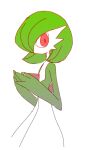  1girl ame_(pixiv_94535533) bob_cut colored_skin commentary_request cowboy_shot flat_chest gardevoir green_hair green_skin hair_over_one_eye hands_up highres looking_at_viewer multicolored_skin one_eye_covered own_hands_together pokemon pokemon_(creature) red_eyes short_hair simple_background sketch solo two-tone_skin white_background white_skin 