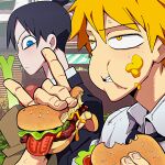  2boys aisendraw black_hair black_jacket black_necktie blonde_hair blue_eyes burger chainsaw_man collared_shirt denji_(chainsaw_man) food food_in_mouth food_on_face hayakawa_aki highres jacket looking_at_another looking_to_the_side multiple_boys necktie parted_lips sharp_teeth shirt short_hair sideways_glance suit suit_jacket teeth topknot white_shirt yellow_eyes 