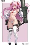  1girl bikini blush detached_sleeves gloves goddess_of_victory:_nikke holding holding_weapon pouch purple_eyes purple_hair ribbon rocket_launcher swimsuit thigh_pouch thighhighs twintails vodeferr18 weapon white_bikini yuni_(nikke) 
