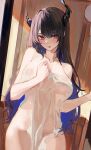  1girl :p absurdres black_hair blush breasts collarbone demon_horns highres hololive hololive_english horns large_breasts looking_at_viewer mole mole_under_eye naked_towel naokomama nerissa_ravencroft red_eyes solo tongue tongue_out towel virtual_youtuber wet_towel 