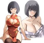  1girl alternate_costume bad_id bad_twitter_id bowl_cut breasts china_dress chinese_clothes cleavage_cutout clothing_cutout dress grey_eyes happy highres hyuuga_hinata large_breasts multiple_views naruto_(series) one_eye_closed pale_skin rakeemspoon short_hair sitting solo 