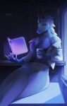  2023 absurd_res anthro artist_name beverage blue_body blue_eyes blue_scales bottomwear clothed clothing dated female front_view hair hi_res holding_beverage holding_object horn mouth_closed no_sclera pants ring_(jewelry) scales scalie sitting solo unknowhiter white_bottomwear white_clothing white_hair white_pants 