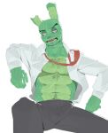  abs anthro beard bodily_fluids body_hair bottomwear chest_hair clothed clothing eyebrows facial_hair five_nights_at_freddy&#039;s five_nights_at_freddy&#039;s_3 fur green_body green_fur happy_trail kogito lagomorph leporid male mammal muscular muscular_anthro muscular_male navel necktie open_clothing open_mouth open_shirt open_topwear pants pecs pose rabbit roblox scar scottgames shirt simple_background sitting solo springtrap_(fnaf) sweat teeth tongue topwear white_background 