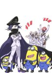  3girls 6+boys :d afro arm_up arms_up black_cape black_footwear black_gloves black_headwear cape checkered_clothes checkered_scarf clown_mask crossed_arms danganronpa_(series) danganronpa_v3:_killing_harmony dice_members_(danganronpa) eye_mask facing_another fat fat_man gloves grey_jacket grey_pants hair_between_eyes hat jacket long_sleeves mask minion_(despicable_me) minions_(movie) multiple_boys multiple_girls notice_lines oma_kokichi overalls pants peaked_cap purple_hair scarf shachoo_(poco_poco) shoes smile standing teeth torn_cape torn_clothes uniform upper_teeth_only 