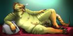  absurd_res anthro balls band1tnsfw beckoning bed bedding bedroom_eyes blanket blush bodily_fluids brown_body brown_scales chubby_anthro chubby_belly chubby_male darcy_monem_(anamazingkobold) dripping frill_(anatomy) furniture genital_fluids genitals gesture green_body green_scales hi_res humanoid iguanid large_foreskin lizard long_nails male markings mature_male narrowed_eyes nipples non-mammal_nipples object_in_mouth orange_body orange_scales penis pillow precum precum_drip presenting presenting_penis raised_tail reptile scales scalie seductive skull_pattern solo striped_markings stripes tail thick_thighs yellow_eyes 
