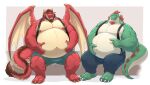  anthro belly belly_overhang big_belly big_muscles bottomwear chili_(gargantuanchili) chubby_male clothing dragon duo facial_hair green_body grin hi_res lag_(coolmuffin) male male/male muscular muscular_male navel pants pecs red_body scalie shirtless smile soul_nero suspenders tail thick_tail wings 