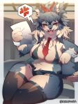  achakura angry anthro big_breasts blush breasts canid canine canis clothed clothing female fur hair hi_res looking_at_viewer mammal open_mouth smile solo 