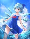  1girl bare_legs blue_dress blue_eyes blue_hair blush bow breasts cirno collarbone dress fang feet_out_of_frame hair_bow ice ice_wings looking_at_viewer outdoors sailor_dress shironeko_yuuki short_hair sleeveless sleeveless_dress small_breasts smile solo touhou wading wings 