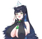  1girl animal_ears black_dress blue_archive blue_hair blush breasts dress green_eyes halo hand_on_own_cheek hand_on_own_face heart highres huge_breasts long_hair looking_at_viewer multicolored_hair open_mouth ponytail shun_(blue_archive) simple_background sleeveless sleeveless_dress solo tassel upper_body urrrt white_background 