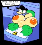  anthro bath bathing bathroom big_breasts breasts bubble clothing derp_eyes female genitals hat headgear headwear long_neck lucy_swallows pussy reptile rubber_duck scalie snake solo superiorfox text thick_thighs 