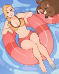  1girl bikini blonde_hair blue_eyes boar braid breasts commentary crown_braid facial_mark hair_over_shoulder highres innertube medium_breasts mismatched_bikini navel paladins scar scar_on_arm scar_on_hand single_braid soaking_feet solo splashbrush swimsuit tusks tyra_(paladins) 