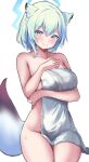  1girl animal_ear_fluff animal_ears blue_archive blue_halo blush breasts closed_mouth green_hair halo highres looking_at_viewer medium_breasts metsu_end nude shigure_(blue_archive) short_hair simple_background smile solo thighs towel wet white_background 