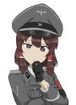  1girl armband black_cat03 black_gloves brown_eyes brown_hair gloves grey_headwear grey_jacket hair_tubes hakurei_reimu hand_up hat jacket looking_at_viewer medium_hair military_jacket nazi peaked_cap red_armband simple_background solo ss_insignia ss_uniform totenkopf touhou waffen-ss white_background 