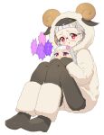  2girls animal_costume animal_ears animal_hood black_footwear black_pantyhose blunt_bangs dual_persona fake_animal_ears fake_horns full_body fur_trim glasses grey_hair hands_up hood hood_up horns idol_time_pripara knees_up kouda_michiru long_sleeves looking_at_viewer miichiru_(pripara) mini_person minigirl mittens moudoku_(decopon3rd) multiple_girls open_mouth pantyhose pretty_(series) pripara red_eyes round_eyewear sheep_costume sheep_ears sheep_horns sitting smile speech_bubble v-shaped_eyebrows white_background 