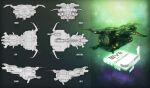  3d commentary concept_art copyright_name destroyer_(eve_online) eve_online gallente_federation_(eve_online) glowing green_theme highres larkbeef logo military military_vehicle multiple_views nebula no_humans original sky space spacecraft star_(sky) starry_sky thrusters vehicle_focus 