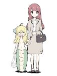  2girls :d aged_down aged_up ahoge bag blonde_hair brown_eyes brown_hair closed_eyes fangs formal full_body hanazono_yurine handbag height_difference highres holding_hands jashin-chan jashin-chan_dropkick lamia long_hair monster_girl multiple_girls plastic_bag shino_(yaruki_nai_yatsu) smile suit white_background 