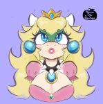  1:1 2023 anthro artist_name big_breasts blonde_hair blue_eyes breasts bust_portrait cleavage clothed clothing collar crown dress ear_piercing eyebrow_through_hair eyebrows eyelashes female hair headgear horn koopa lipstick long_hair makeup mario_bros nintendo nyan-o-lantern piercing pink_background portrait princess_peach scalie simple_background smile solo spiked_collar spikes translucent translucent_hair watermark 