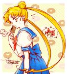  2girls back_bow bishoujo_senshi_sailor_moon blonde_hair blue_sailor_collar blue_serafuku blue_skirt bow bowtie chibi_usa closed_eyes cone_hair_bun cowboy_shot double_bun doughnut earrings eating food hair_bun highres holding holding_food jewelry long_hair looking_at_viewer multiple_girls open_mouth parted_bangs pleated_skirt puffy_short_sleeves puffy_sleeves red_bow red_bowtie sailor_collar school_uniform serafuku shirt short_sleeves sidelocks skirt tsukino_usagi twintails u_emmm white_shirt 