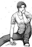  1boy bracelet collarbone eleven1090 expressionless fujiwara_takumi greyscale hair_behind_ear hand_on_own_face highres holding holding_jewelry holding_necklace initial_d jewelry looking_to_the_side male_focus monochrome necklace pants pectoral_cleavage pectorals shadow shirt shoes sitting sneakers solo white_background 
