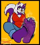  2023 5_toes absurd_res anthro april_fools big_breasts black_toenails blarf022 bodily_fluids breasts cleavage clothed clothing eyebrows feet female foot_focus fur hair heterochromia hi_res huge_breasts humanoid_feet mammal melissa_mouffette mephitid mike_and_melissa musk plantigrade purple_body purple_fur raised_eyebrow sitting sitting_on_ground skunk smelly smelly_feet soles solo stink_lines sweat sweaty_feet toes white_hair 