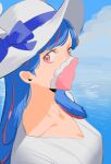  1girl ahoge blue_hair blue_sky cloud covered_mouth curled_horns day dinosaur_girl horns long_hair looking_at_viewer mask mouth_mask multicolored_hair ocean one_piece outdoors pink_eyes pink_hair pink_mask raine_(acke2445) shirt sky solo streaked_hair ulti_(one_piece) water white_headwear white_shirt 