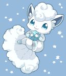  2027_(submarine2027) :3 alolan_vulpix blue_background blue_eyes blush closed_mouth commentary_request full_body holding holding_pokemon looking_at_viewer minior minior_(blue_core) minior_(core) no_humans pokemon pokemon_(creature) simple_background smile 