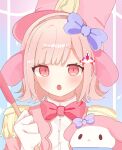  1girl :o alternate_costume animal_ears blue_background blunt_bangs blush bow bowtie brown_hair danganronpa_(series) danganronpa_2:_goodbye_despair dress_shirt fake_animal_ears flipped_hair galaga hair_bow hair_ornament hand_up highres holding holding_staff jacket nanami_chiaki pink_bow pink_bowtie pink_eyes pink_headwear pink_jacket portrait rabbit_ears ringo_ame_no_ria sanrio shirt solo staff white_shirt 