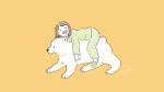  1girl animal_focus bear blush_stickers brown_hair closed_eyes drooling facing_viewer full_body green_footwear long_sleeves lying medium_hair on_stomach open_mouth original pajamas polar_bear riding riding_animal signature simple_background sleeping slippers solo terao_(omelettera) yellow_background 