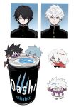  2boys aged_down ametaro_(ixxxzu) black_hair blue_eyes blue_hair boku_no_hero_academia brand_name_imitation burn_scar can cape cheek_piercing chibi dabi_(boku_no_hero_academia) ear_piercing highres light_blue_hair male_focus medium_hair multiple_boys multiple_scars piercing red_cape red_eyes scar scar_on_face school_uniform shigaraki_tomura short_hair simple_background spiked_hair staple stapled todoroki_touya white_background white_hair wrinkled_skin 