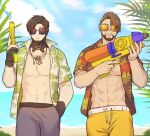  2boys abs apex_legends bare_pectorals beach black_gloves black_hair brown_hair cloud crypto_(apex_legends) dbox_2525 facial_hair fingerless_gloves gloves grey_male_swimwear hawaiian_shirt highres holding holding_water_gun jewelry male_focus male_swimwear mirage_(apex_legends) multiple_boys muscular muscular_male navel necklace open_clothes open_shirt outdoors pectorals shirt short_hair sky sunglasses water water_gun yellow_male_swimwear 
