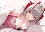  1girl absurdres ahoge arknights bed bed_sheet blush breasts cleavage dress grey_hair highres looking_at_viewer medium_hair momosawa_nao nail_polish open_mouth pillow pink_dress red_eyes red_nails sleepwear solo w_(arknights) 