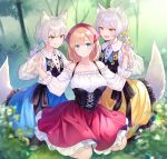  3girls :d animal_ears bare_shoulders black_bow black_ribbon blonde_hair blue_eyes blue_skirt bow braid breasts collarbone commentary dirndl e_(eokiba) fang flower forest frilled_skirt frills german_clothes girl_sandwich grass grey_hair hair_flower hair_ornament head_scarf highres large_breasts licking_lips multiple_girls nature open_mouth original red_skirt ribbon sandwiched skirt smile symbol-only_commentary tail tongue tongue_out underbust wolf_ears wolf_tail yellow_eyes yellow_skirt 