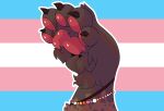  ambiguous_gender beads black_claws black_nails bracelet brown_body brown_fur claws colored_nails digital_media_(artwork) fur gloves_(marking) handpaw herm_(lore) hi_res hyena jewelry lgbt_pride mammal markings multicolored_body multicolored_fur nails nonbinary_(lore) outline pawpads paws pink_pawpads pride_color_accessory pride_color_background pride_colors shaded simple_background spots spotted_body spotted_fur spotted_hyena spotted_markings tan_body tan_fur transgender_pride_colors trevor_pride_(knotfunny) tuft unknown_artist 
