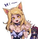  2girls ahri_(league_of_legends) akali animal_ears blonde_hair blue_eyes breasts brown_hair cleavage collarbone facial_mark fang fox_ears jacket k/da_(league_of_legends) k/da_ahri k/da_akali korean_commentary league_of_legends long_hair looking_at_viewer multiple_girls official_alternate_costume official_alternate_hairstyle open_mouth phantom_ix_row ponytail purple_jacket simple_background smile upper_body whisker_markings white_background yellow_eyes 
