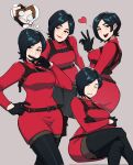  1girl ada_wong aneurysm_ax annoyed black_hair blush brown_eyes buckle expressions heart highres leon_s._kennedy multiple_views red_sweater resident_evil short_hair sweater thighhighs waving 