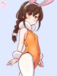  1girl alternate_costume animal_ears braid breasts brown_hair covered_navel cowboy_shot grey_background kanon_(kurogane_knights) kantai_collection leotard long_hair looking_at_viewer one-hour_drawing_challenge orange_eyes orange_leotard pantyhose playboy_bunny rabbit_ears rabbit_tail simple_background single_braid small_breasts solo souya_(kancolle) standing tail white_pantyhose wrist_cuffs 