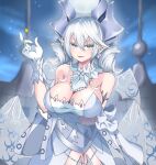  1girl breasts cleavage demon_girl demon_horns demon_wings dress duel_monster gloves grey_eyes highres horns large_breasts looking_at_viewer lovely_labrynth_of_the_silver_castle low_wings multiple_wings pointy_ears smile solo tamayu96 twintails white_hair white_horns wings yu-gi-oh! 
