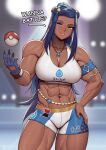  1girl abs absurdres alternate_body_size alternate_muscle_size biceps blue_eyes blue_hair blurry blurry_background breasts dark-skinned_female dark_skin depth_of_field earrings english_text hand_on_own_hip highres jewelry large_breasts long_hair looking_at_viewer muscular muscular_female navel necklace nessa_(pokemon) poke_ball poke_ball_(basic) pokemon pokemon_(game) pokemon_swsh solo speedl00ver very_dark_skin 