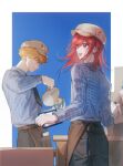  2boys apron black_necktie black_pants blue_background blue_lock blue_shirt brown_apron brown_headwear chigiri_hyoma clipboard closed_mouth coffee cowboy_shot cup hand_up hat highres holding holding_clipboard holding_cup kunigami_rensuke long_hair long_sleeves looking_away male_focus multiple_boys necktie open_mouth orange_hair p66666l pants profile red_eyes red_hair shirt short_hair smile standing sweatdrop waist_apron 