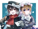  ... 2girls :d black_hair black_headwear black_jacket blonde_hair blue_background border bow breath buttons closed_mouth crossed_arms expressionless gloves grey_gloves hair_between_eyes hat hat_bow highres jacket kamenozoki_ai long_hair long_sleeves looking_at_viewer maribel_hearn mob_cap multiple_girls open_mouth outside_border purple_eyes purple_jacket red_scarf scarf scarf_bow short_hair smile spoken_ellipsis touhou twitter_username upper_body usami_renko white_border white_bow white_headwear white_scarf yellow_eyes 