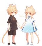  1boy 1girl aether_(genshin_impact) aged_down ahoge alternate_costume animal_ear_fluff animal_ears artist_name black_footwear black_shirt black_shorts blonde_hair blue_dress braid brother_and_sister cat_ears cat_tail child clenched_hand closed_mouth dress flower full_body genshin_impact gradient_clothes gradient_dress hair_between_eyes hair_flower hair_ornament holding holding_hands kemonomimi_mode long_hair looking_at_viewer lumine_(genshin_impact) mandarin_collar ocha0w0 puffy_short_sleeves puffy_sleeves shirt shoes short_hair short_hair_with_long_locks short_sleeves shorts siblings sidelocks simple_background standing tail white_background white_dress white_flower white_footwear yellow_eyes 