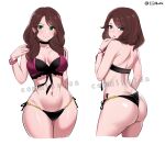  1girl bare_arms bare_shoulders black_choker breasts brown_hair choker commentary_request commission dorothea_arnault fire_emblem fire_emblem:_three_houses green_eyes hand_up highres large_breasts long_hair looking_at_viewer multiple_views namu_(112namu) navel no_headwear pixiv_commission simple_background standing stomach thighs white_background 