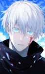  1boy black_jacket blood blood_on_face blue_eyes blue_sky gojou_satoru ha_mmmu jacket jujutsu_kaisen looking_at_viewer male_focus outdoors parted_lips short_hair sky solo twitter_username upper_body white_hair 